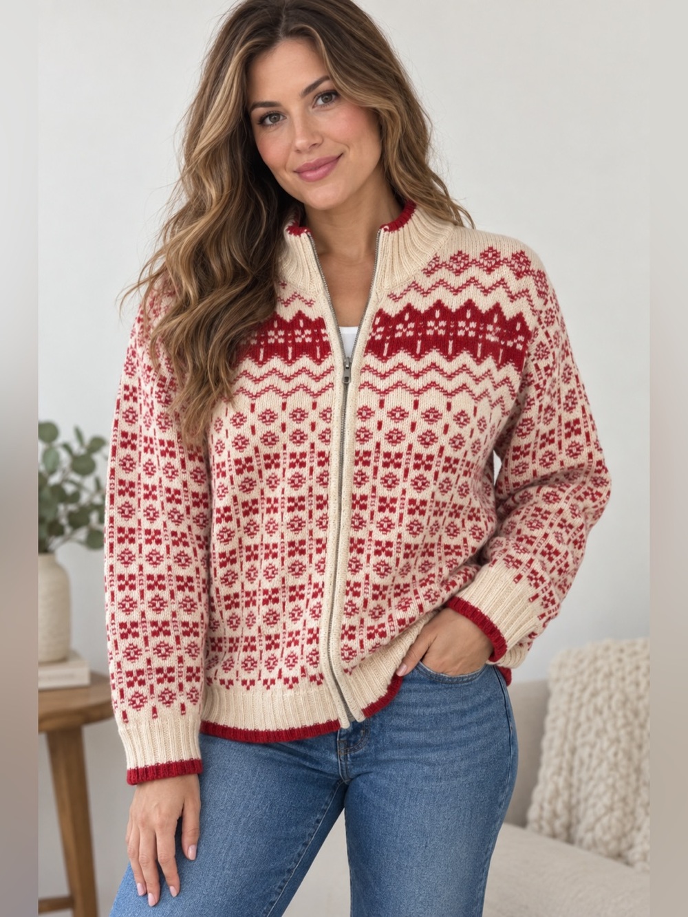 Collezione Dante Made in Italy Nordic Fair Isle Zip Sweater Cardigan Vintage